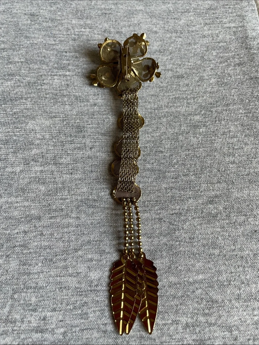 Gold Floral Drop Brooch with Crystal Accent - Women Jewelry Brooches